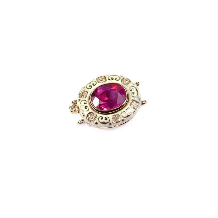 Antique cushion cut ruby, white enamel and diamond cluster clasp with fittings for two rows,